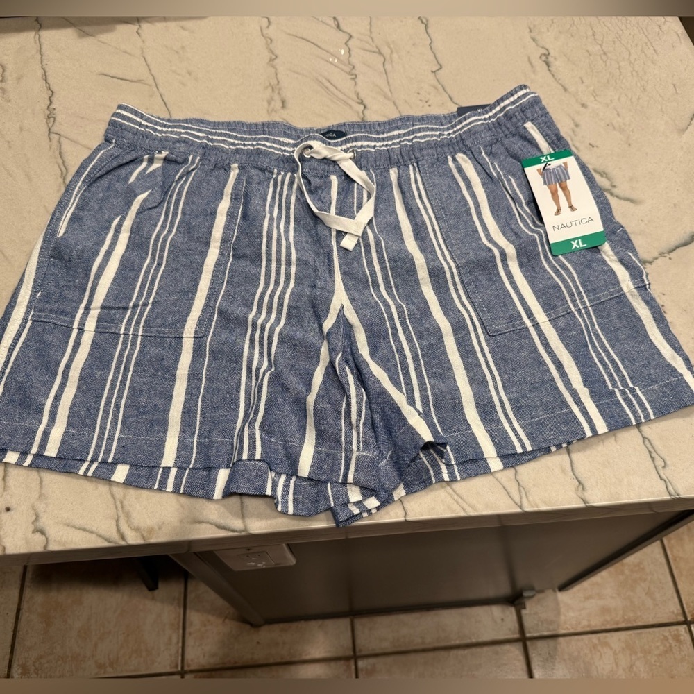 NAUTICA Women's Blue Shorts Size XL X-Large Striped Linen Boho Pockets NWT